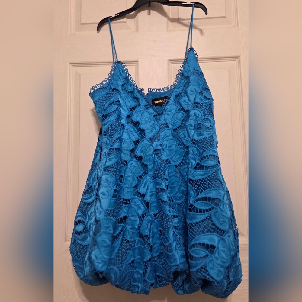 NOVA LUXE Turquoise Lace Mini Dress Bubble Hem Spaghetti Straps Size L